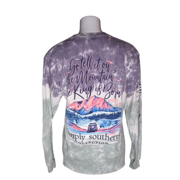 Simply Southern Long Sleeve Tie Dye Tee Blue Purple King Is Born Mountain Medium - Picture 1 of 7